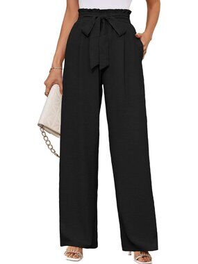 Women's Black Wide Leg Pants High Waisted Tie Knot Loose Comfy Casual Trousers